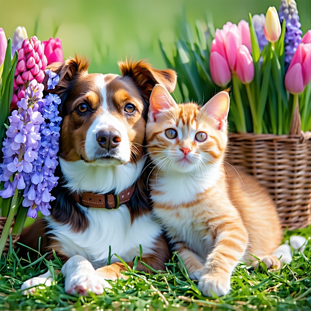 dog and cat spring flowers