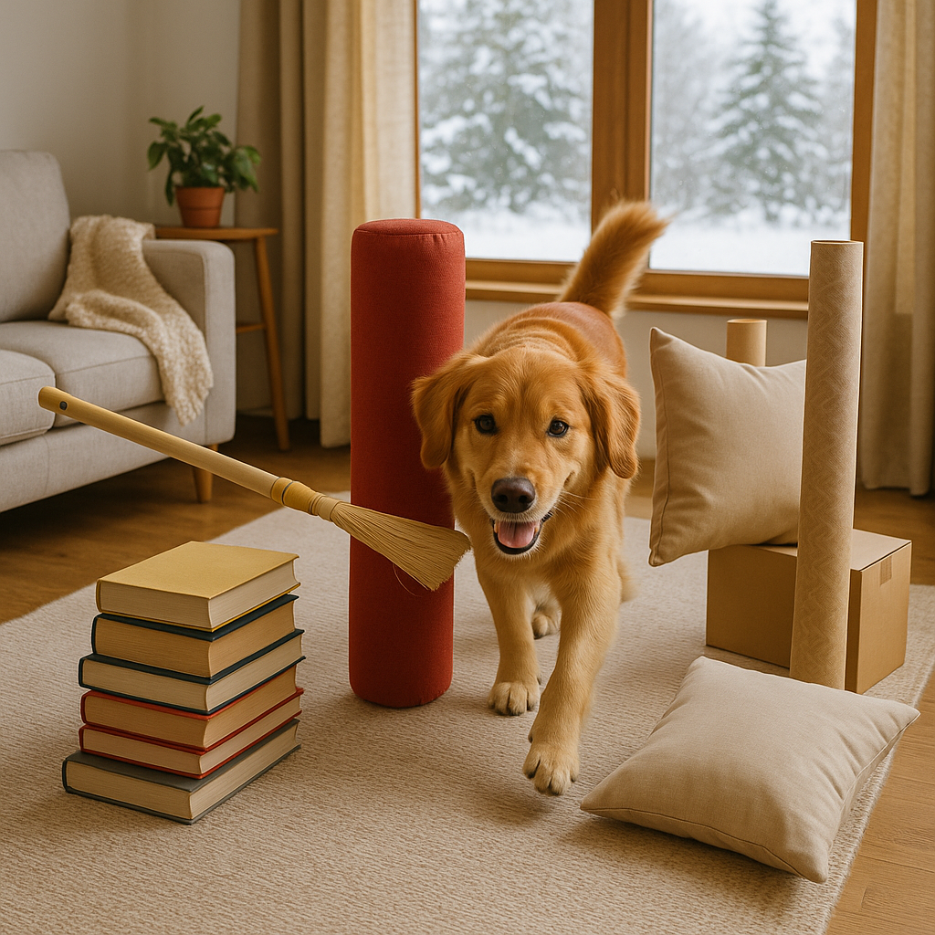 A happy dog weaving through a homemade indoor obst