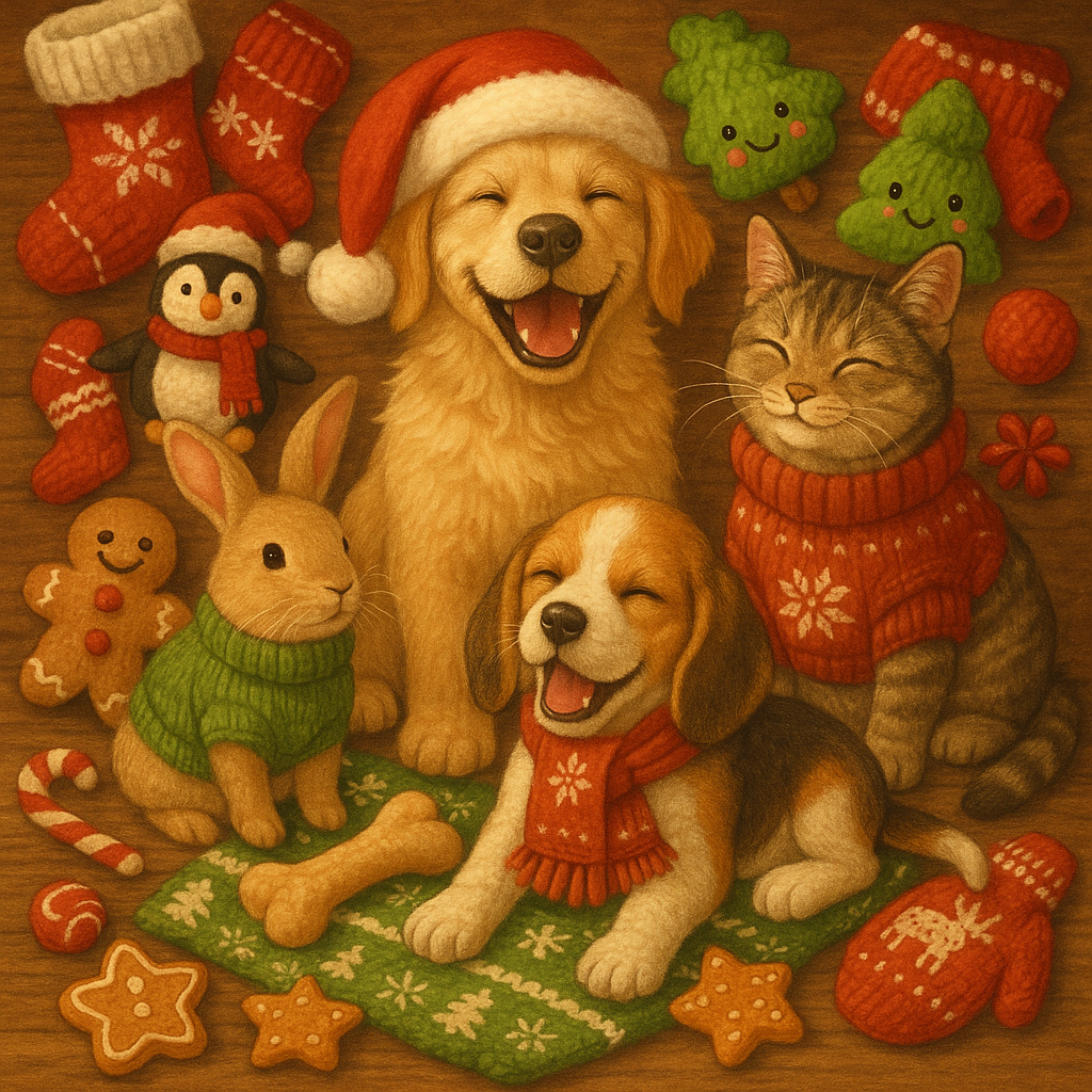 A joyful scene of pets surrounded by festive holid