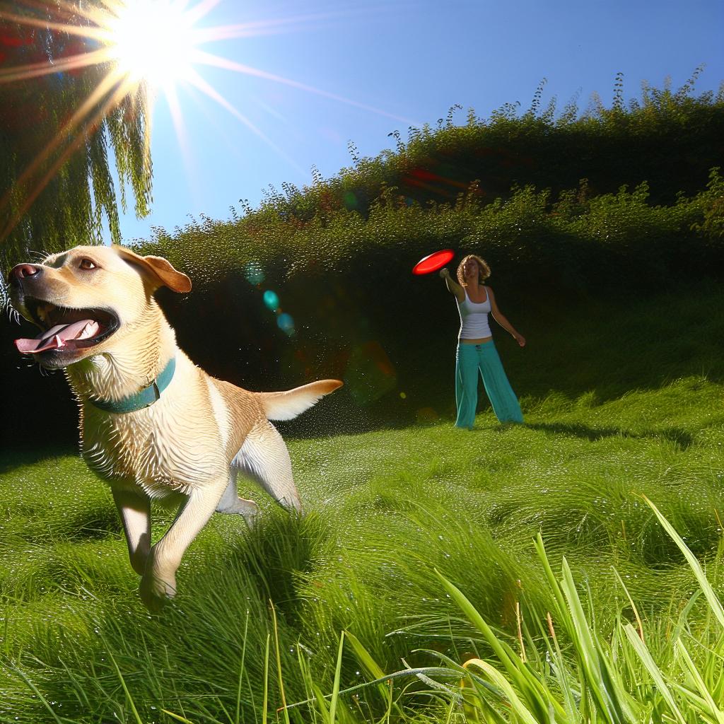 A playful dog running through a lush green field on a sunny day, chasing after a frisbee thrown by its owner.