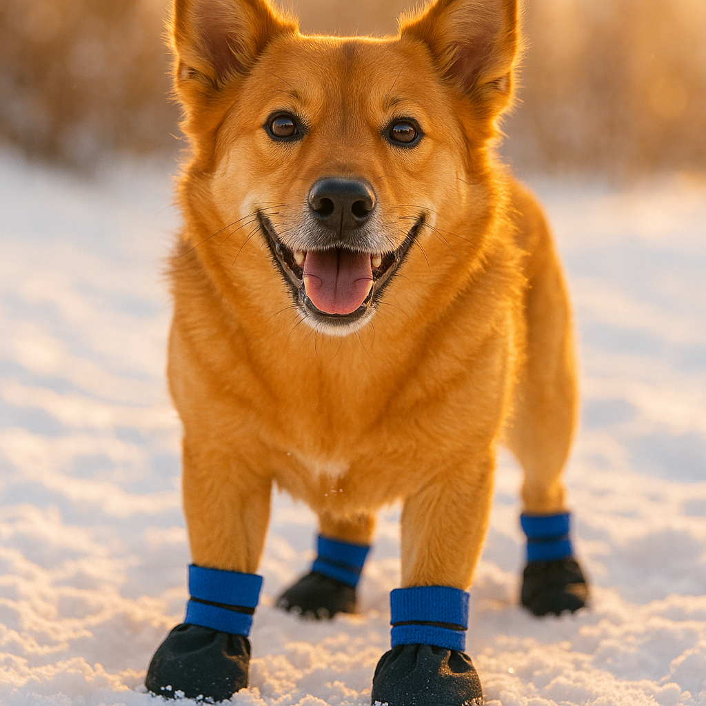 Close-up of a happy dog wearing protective winter